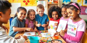 Kids crafting together, promoting kindness and empathy through art.