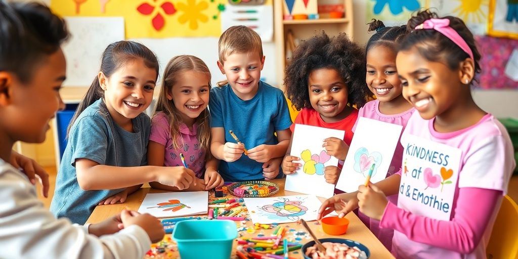 Kids crafting together, promoting kindness and empathy through art.