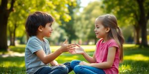 Children peacefully resolving a conflict in a park.