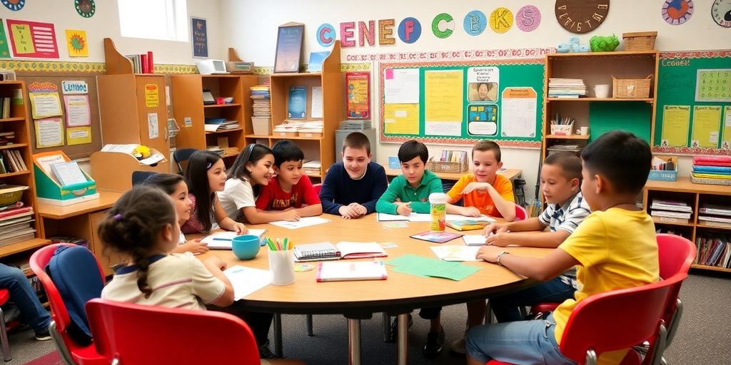 Students collaborating in a colorful, supportive classroom environment.