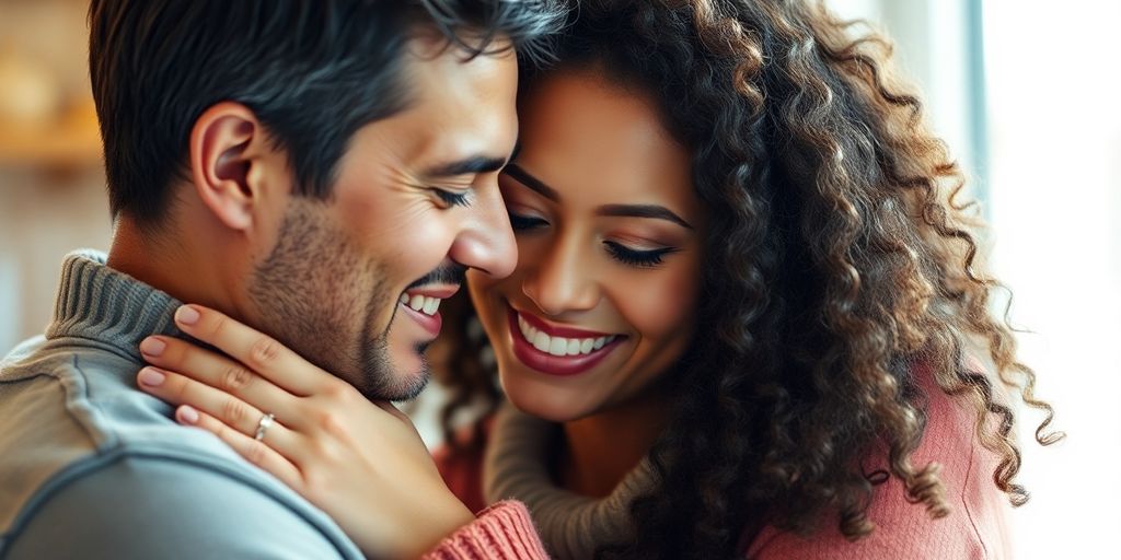 Couple embracing each other with smiles, showcasing emotional connection.