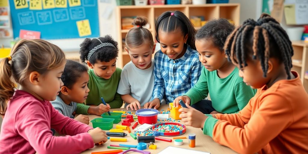 Children collaborating on problem-solving activities in a classroom.
