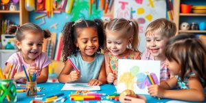 Children expressing emotions through art activities and crafts.